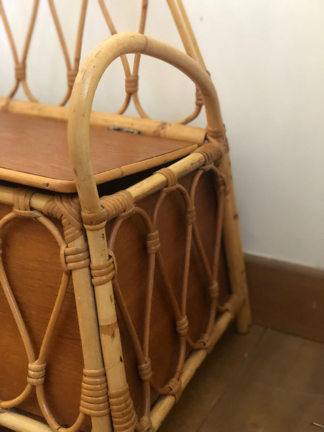 Vintage rattan storage bench for children, 1960s