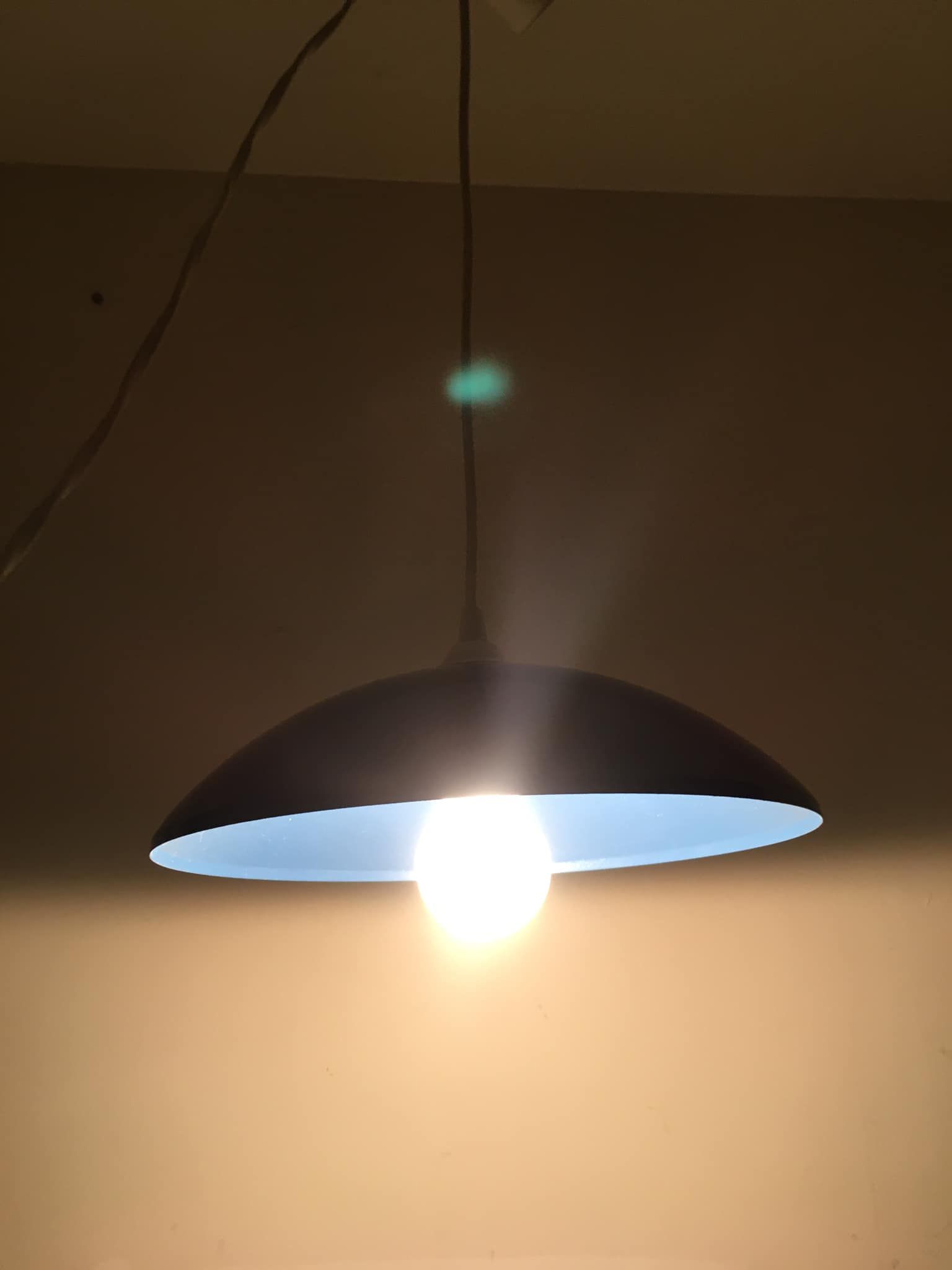 Suspension lamp with blue metal conical lampshade and white standard cord