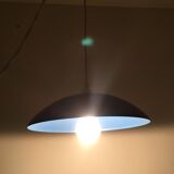 Suspension lamp with blue metal conical lampshade and white standard cord