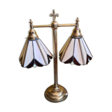 Old brass desk lamp with stained glass. 20th century.