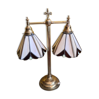 Old brass desk lamp with stained glass. 20th century.