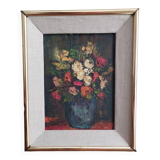 Bouquet de fleurs - Huile sur toile encadrée.