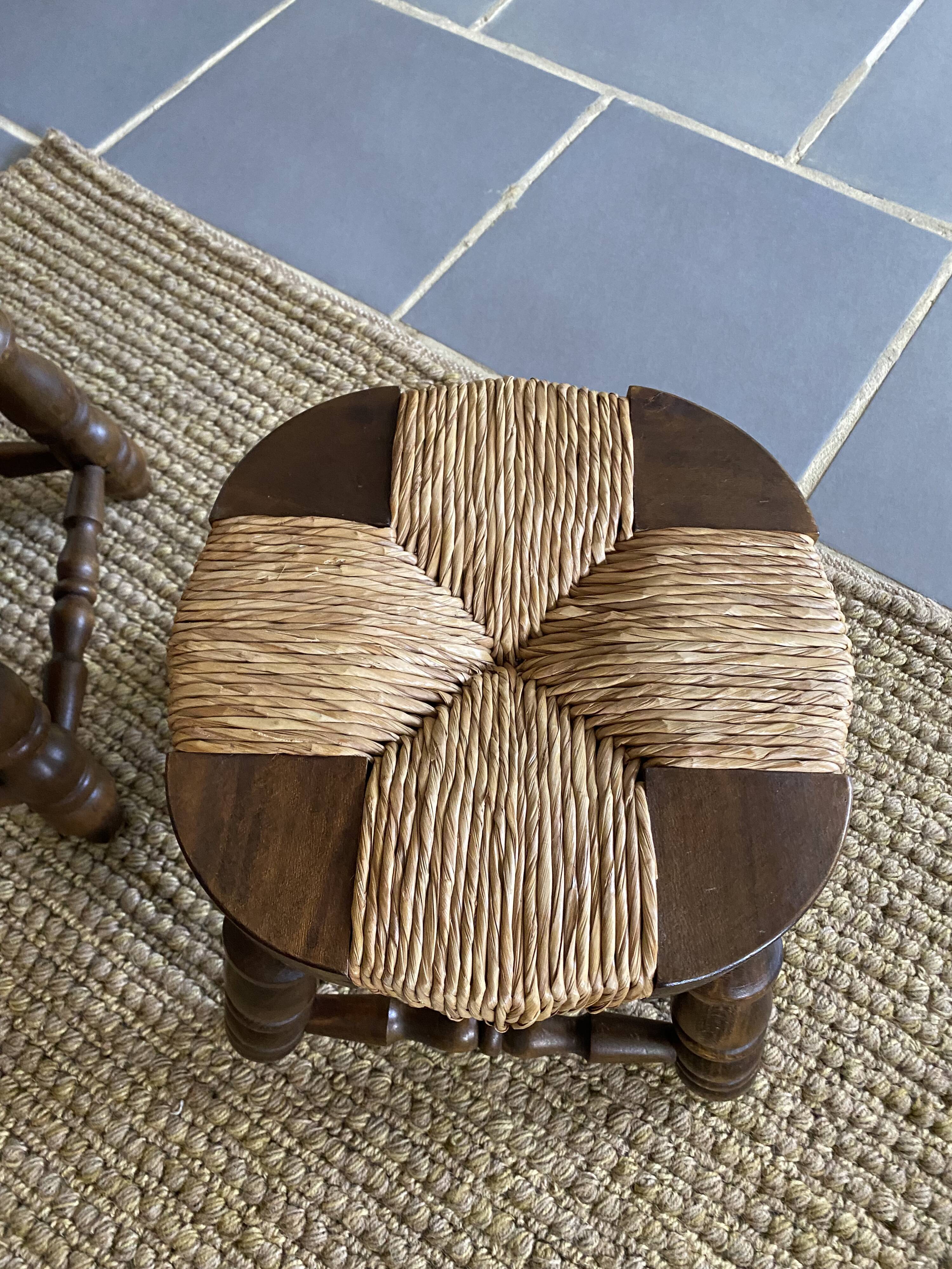 Paire de tabourets bois et paille vintage