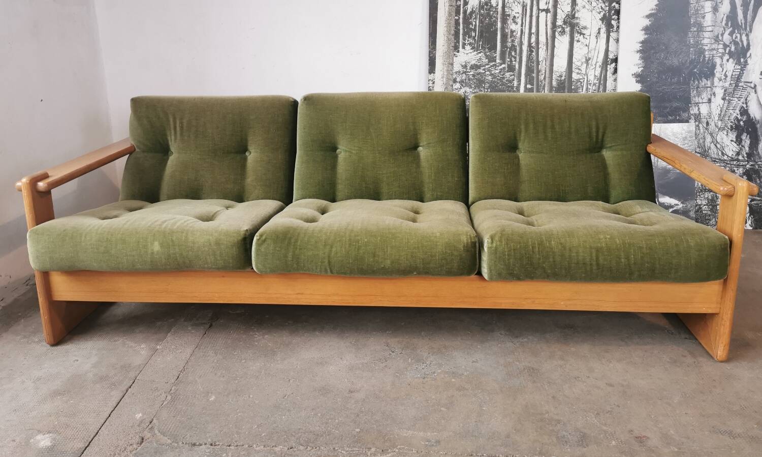 Scandinavian velvet and wood sofa