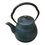 Antique japanese green cast iron teapot flower decor + vintage stand