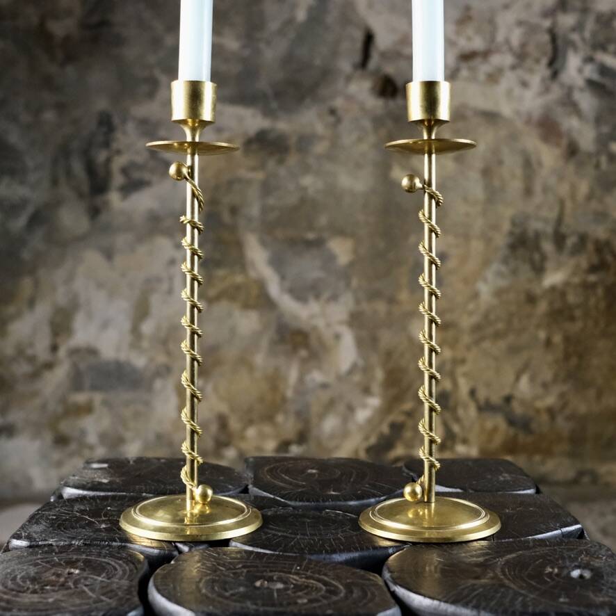 Pair of Art Deco twisted brass candlesticks, France, 1930s