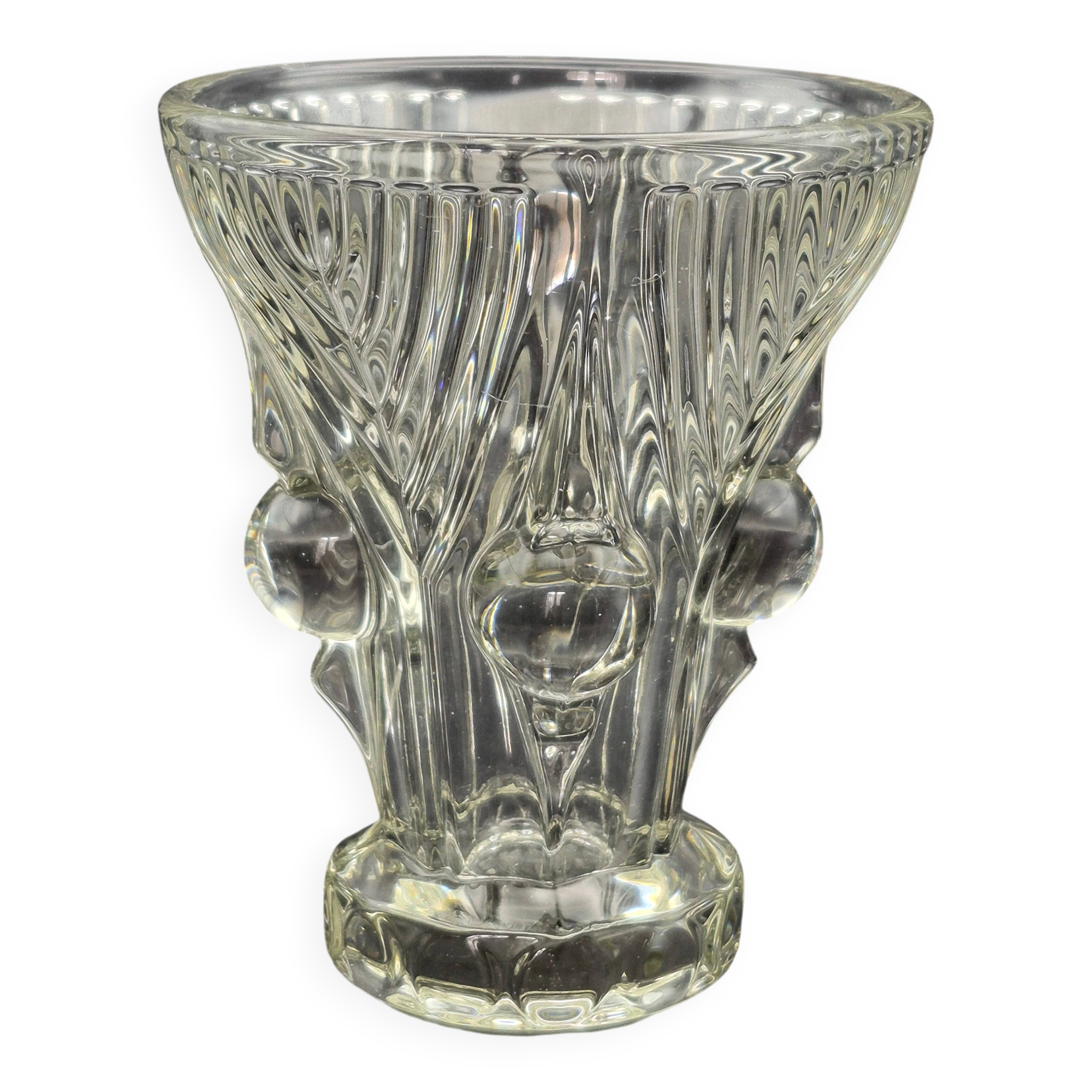 Vintage thick moulded glass/crystal vase Sculptural design Art Deco