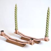 Pair of oak and copper bronze candlesticks