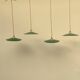 Vintage industrial enameled sheet metal pendant lights with golden wires, old green and white lampshade