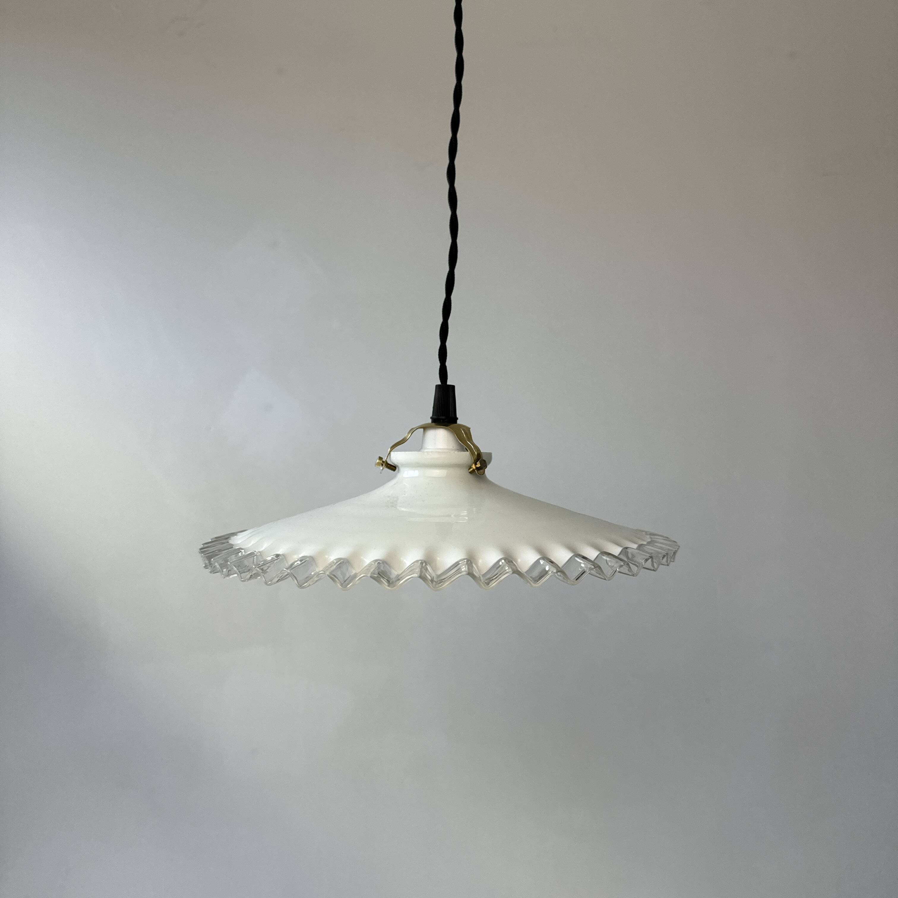 Vintage opaline glass pendant light with scalloped edges, 24 cm