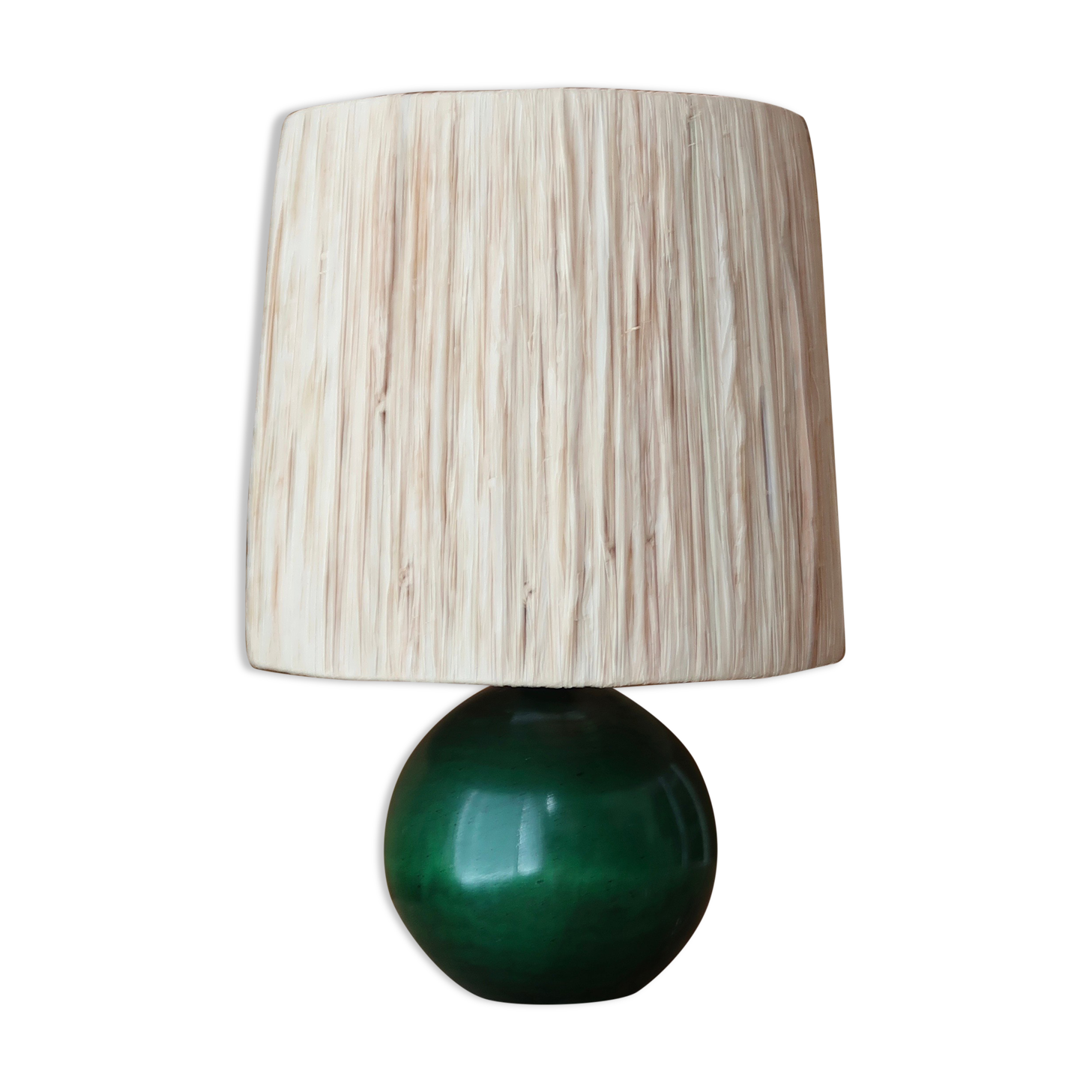 Lamp "ball" in green stained wood, raffia lampshade, 70s