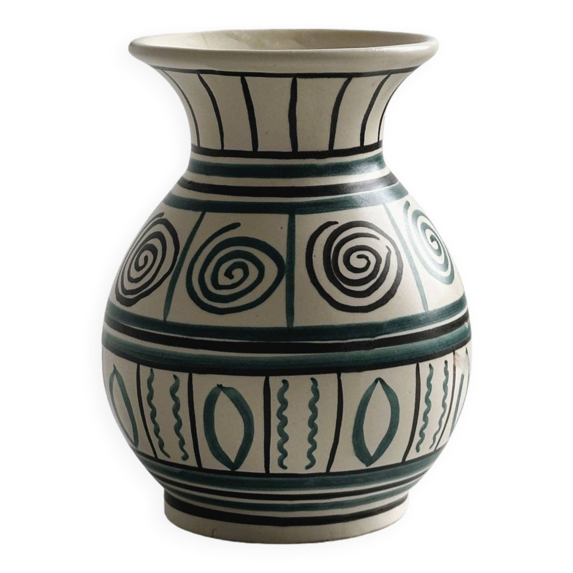 Old handmade ceramic vase, Punter style geometric ornaments.
