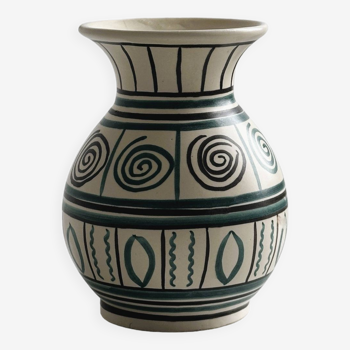 Old handmade ceramic vase, Punter style geometric ornaments.