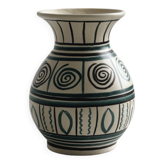 Old handmade ceramic vase, Punter style geometric ornaments.