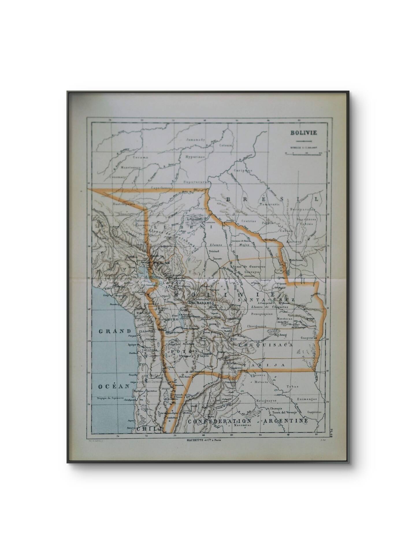 Bolivia, old map 1887 – vintage geographical map.