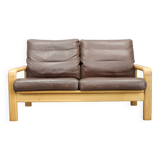1970s L. Olsen & Søn Oak and Leather 2-Seater Sofa, Denmark
