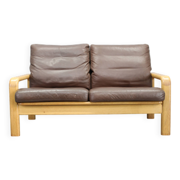 1970s L. Olsen & Søn Oak and Leather 2-Seater Sofa, Denmark