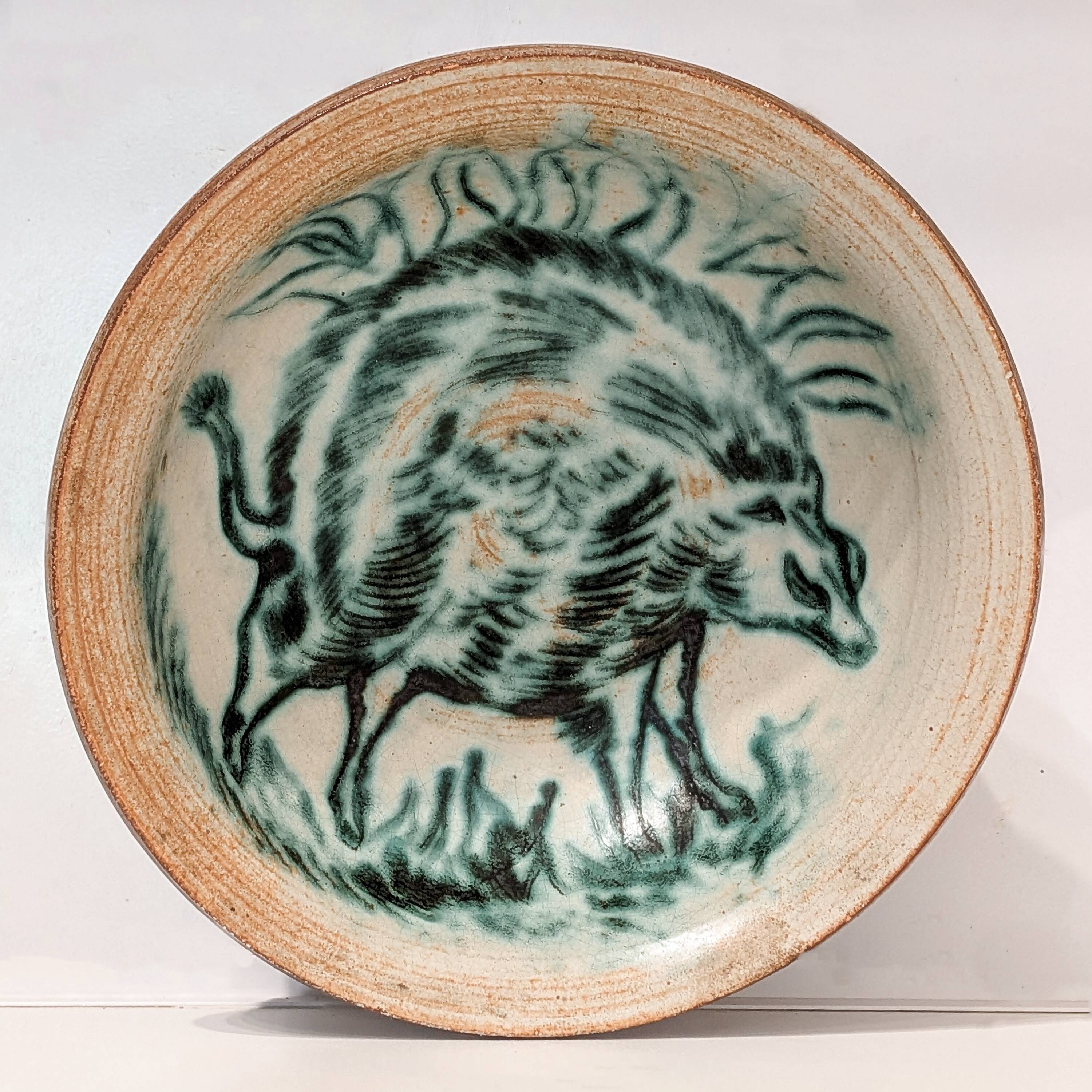 Stoneware bowl signed Maurice A. stylised wild boar – studio pottery
