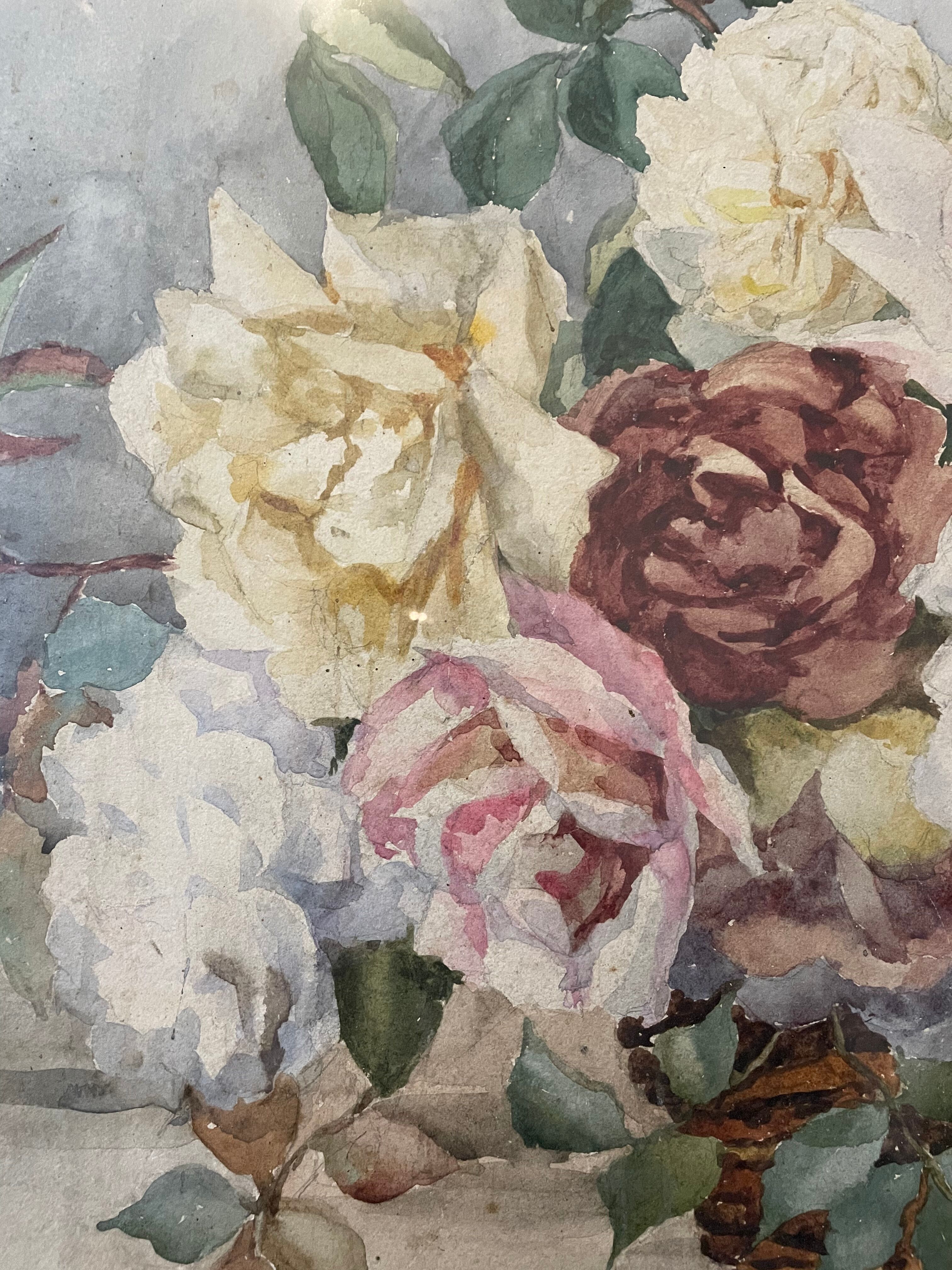 Watercolor painting signed Louise Boussac XIXth