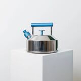 Vintage stainless steel kettle with blue accents - Italian Prandelli 1980s Memphis-inspired design by Raunkjaer Kjaergaard