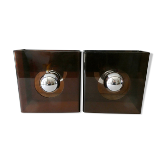 Pair of sconces in smoked Plexiglas by Jocelyne Trocmé model "disco"