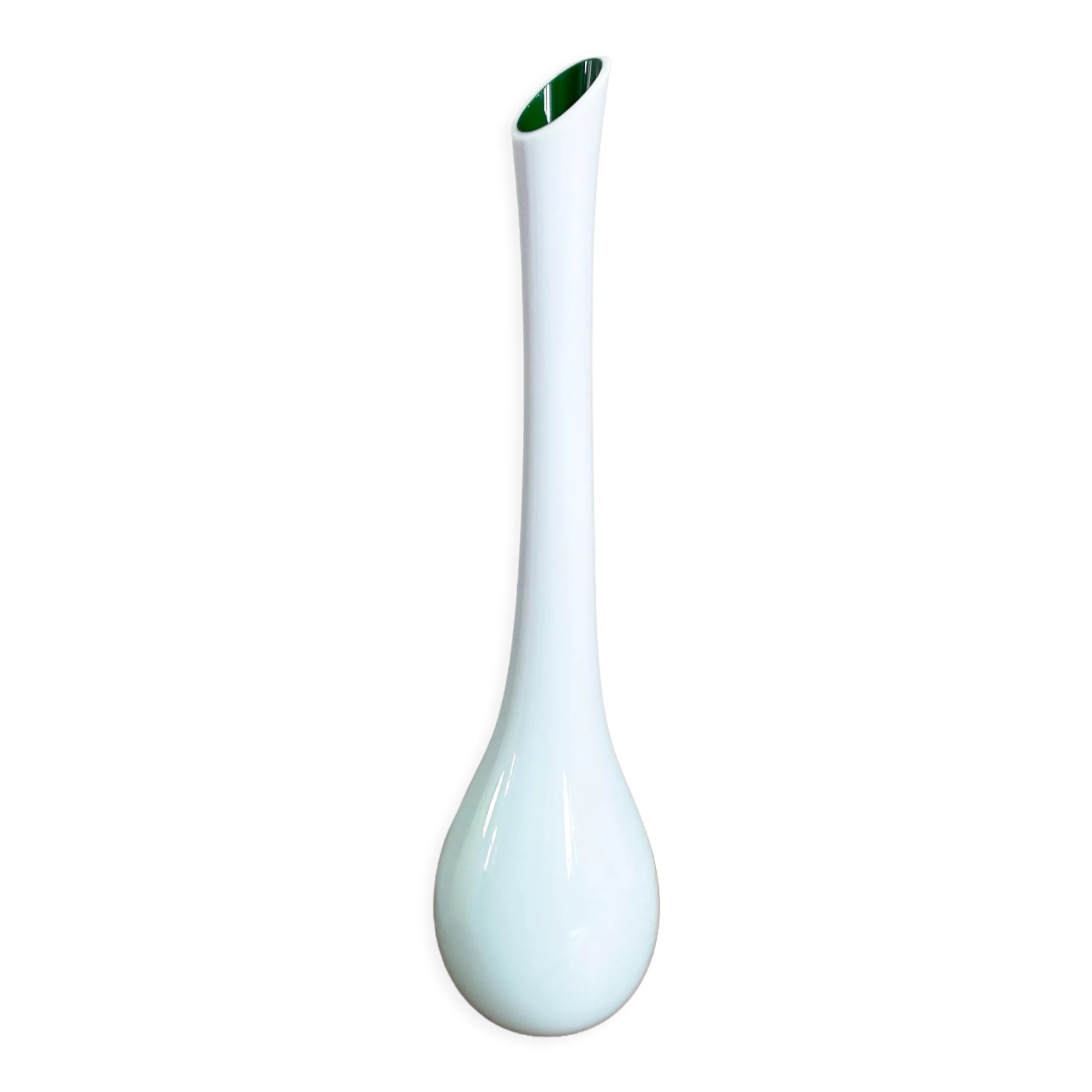 White and Green Long-Neck Vase, Handblown Coloured Glass, Single Flower Vase