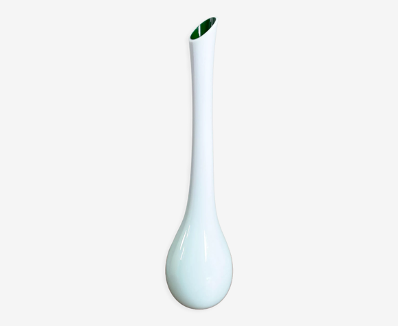 Vase blanc et vert à col long, verre coloré soufflé à la main, vase à fleurs simples