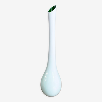 White and Green Long-Neck Vase, Handblown Coloured Glass, Single Flower Vase