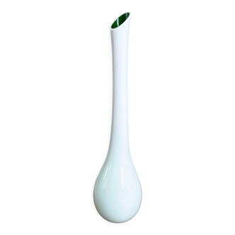 White and Green Long-Neck Vase, Handblown Coloured Glass, Single Flower Vase