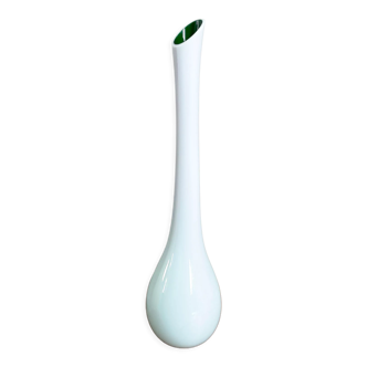 Vase blanc et vert à col long, verre coloré soufflé à la main, vase à fleurs simples