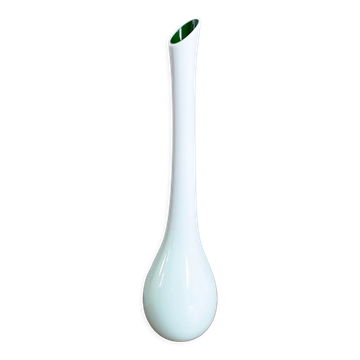 White and Green Long-Neck Vase, Handblown Coloured Glass, Single Flower Vase