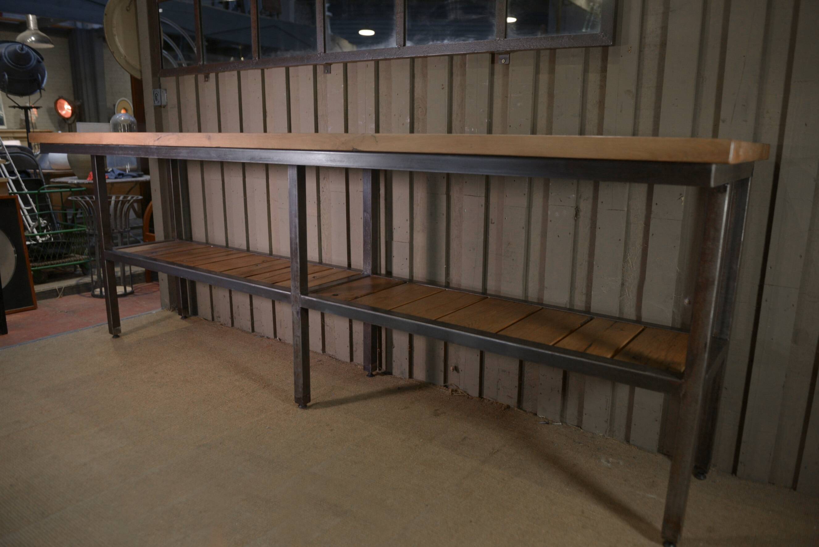 Large industrial metal console, 2 solid oak shelves