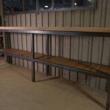 Large industrial metal console, 2 solid oak shelves