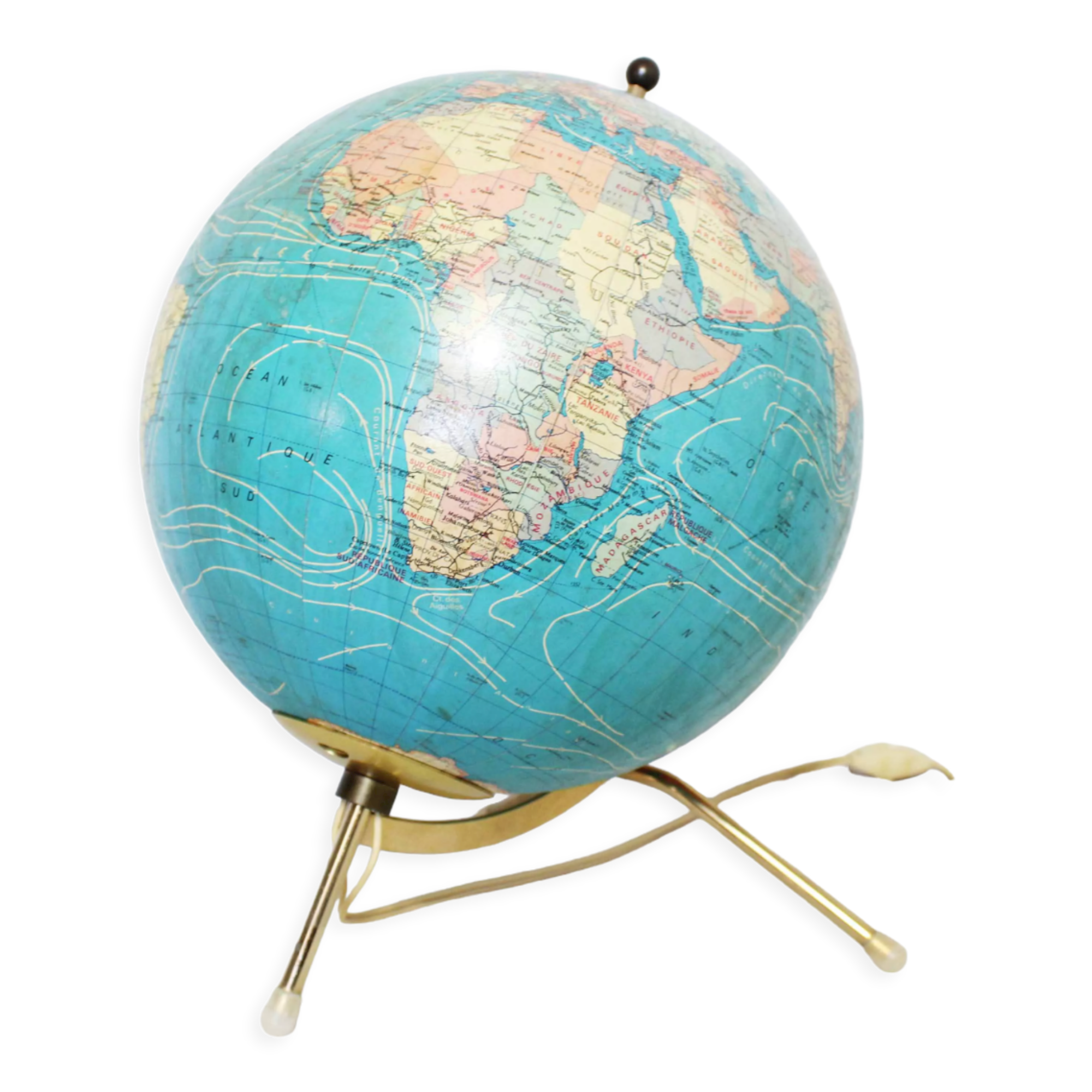Luminous world map in tripod glass