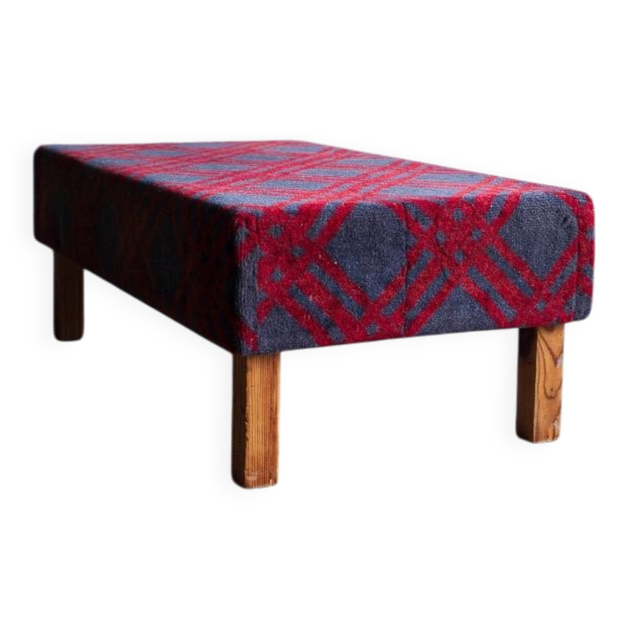 Large red and grey wool tartan upholstered bench with wooden frame