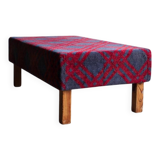 Large red and grey wool tartan upholstered bench with wooden frame