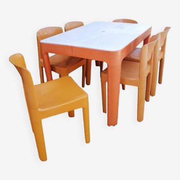 Table et 6 chaises orange Allibert années 70