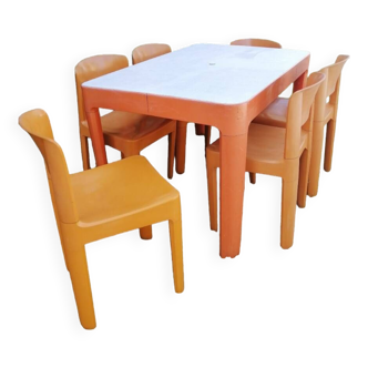 Table et 6 chaises orange Allibert années 70