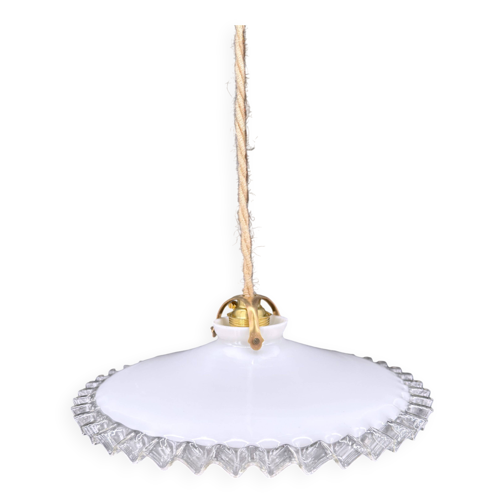 Vintage white opaline pendant light with scalloped edge – raffia and silk cable
