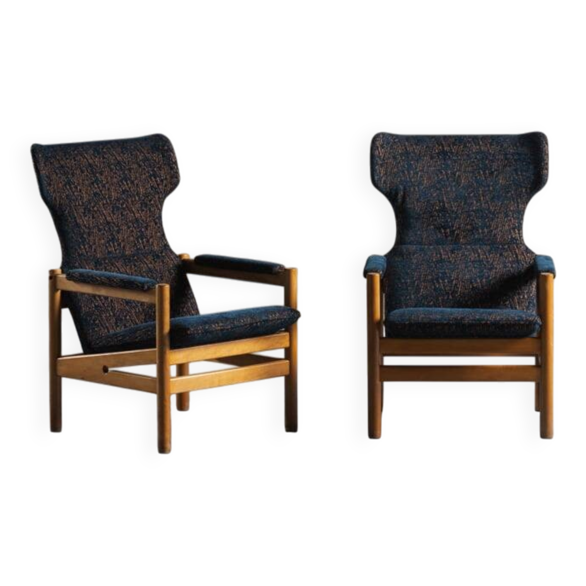 Armchair in teak with blue pattern cushion, Denmark, 1970s, set of 2