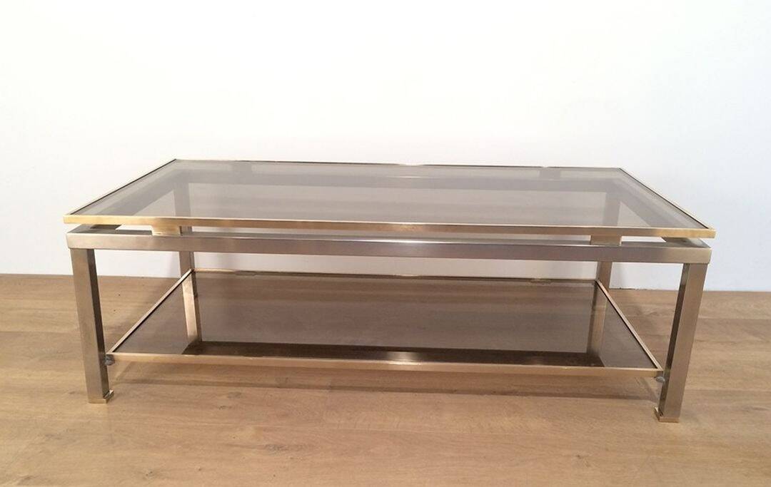 Coffee Table with Double Top in Brushed Steel and Brass, Guy Lefèvre for Ma
