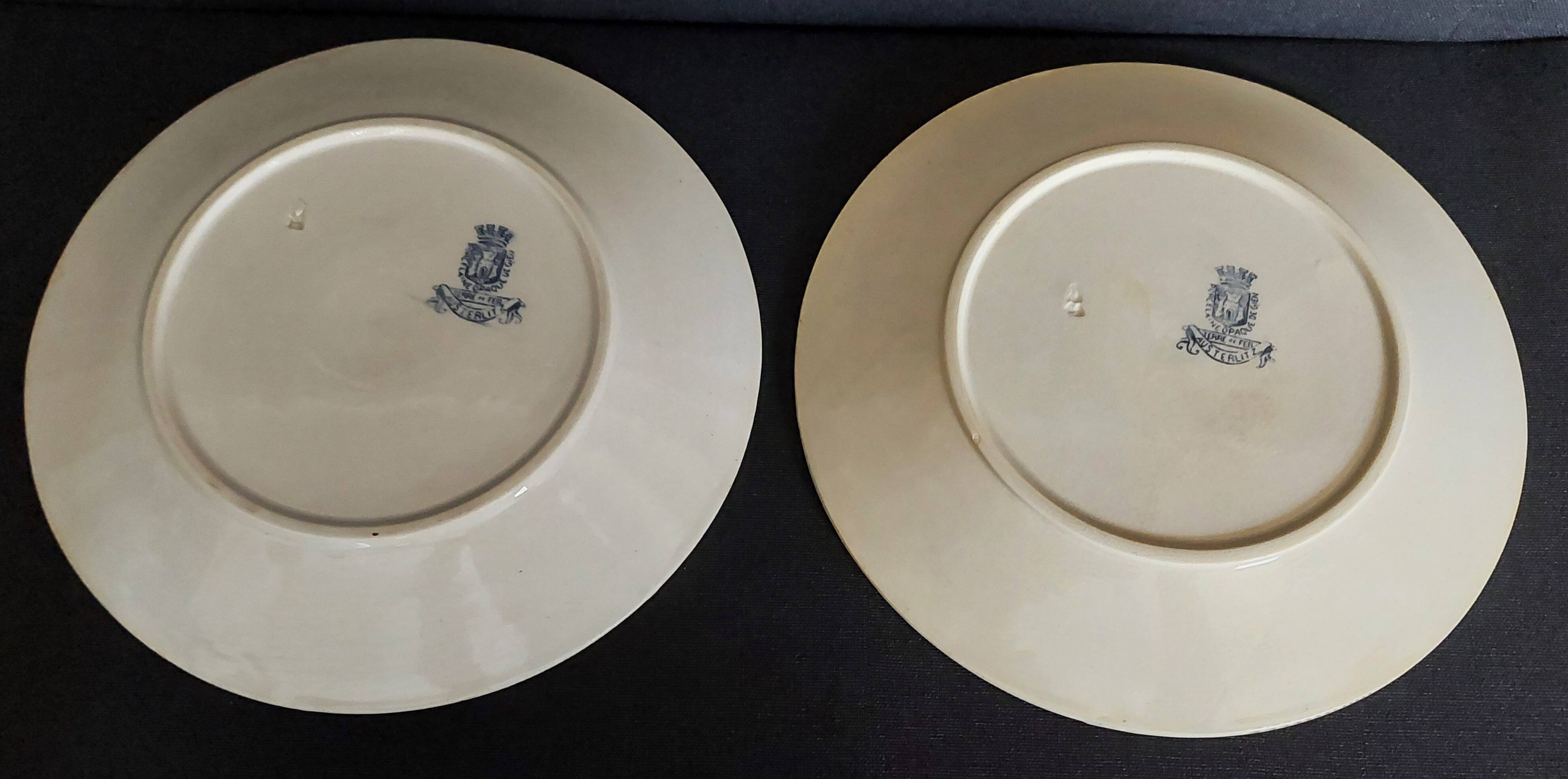Pair of flat plates in Gien iron earthenware, Austerlitz decor