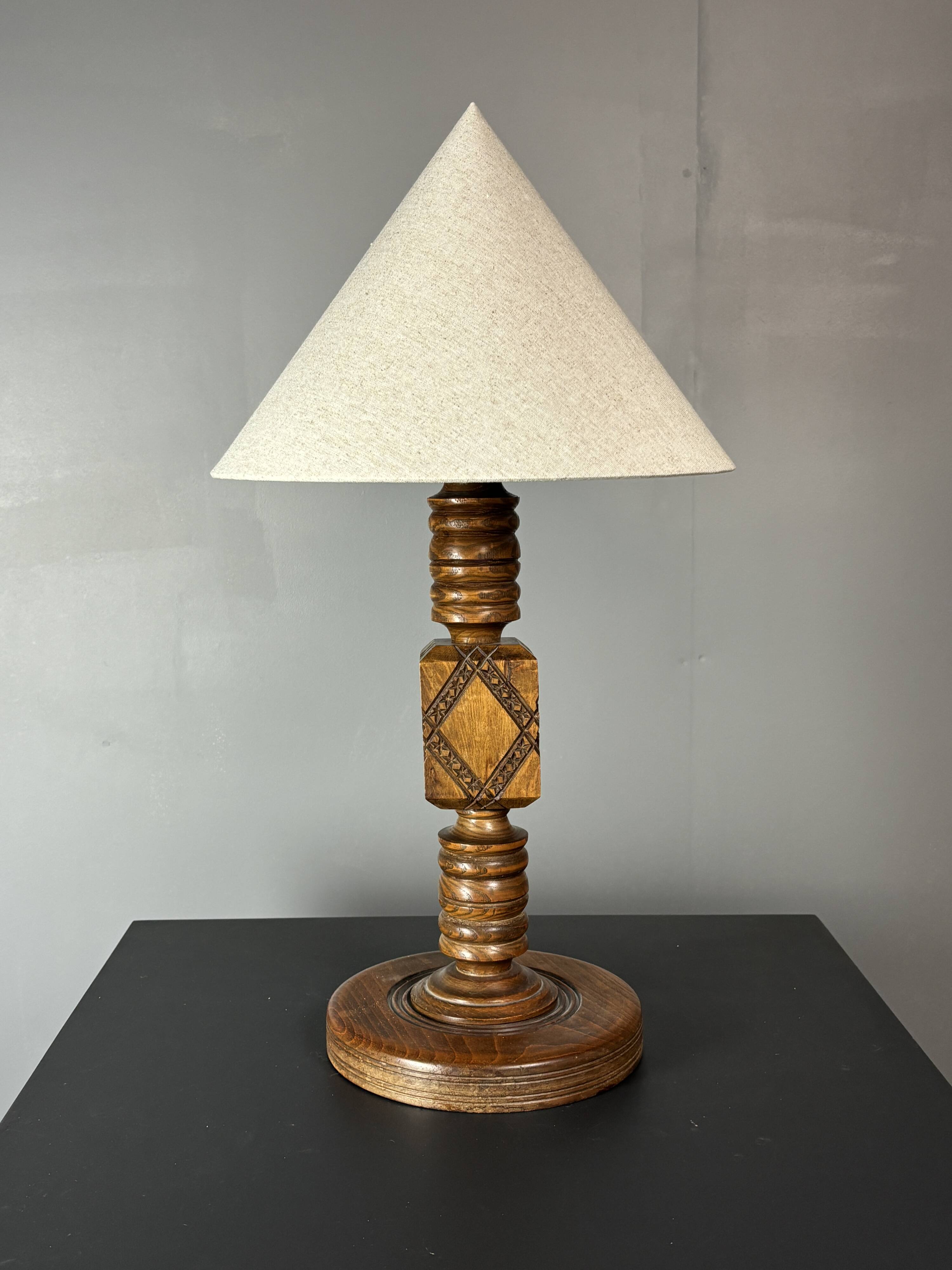 Midcentury brutalist wood turned table lamp in the style of Charles Dudouyt