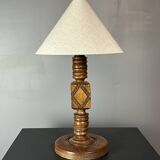 Midcentury brutalist wood turned table lamp in the style of Charles Dudouyt