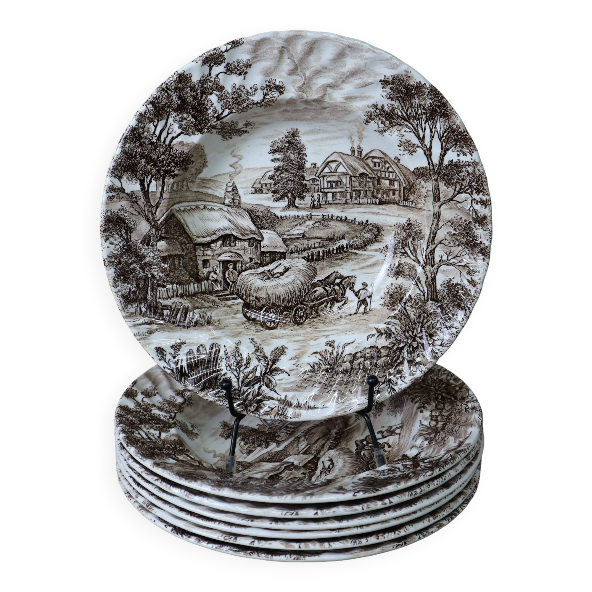Set of 7 vintage English Staffordshire 'HAYRIDE' soup plates