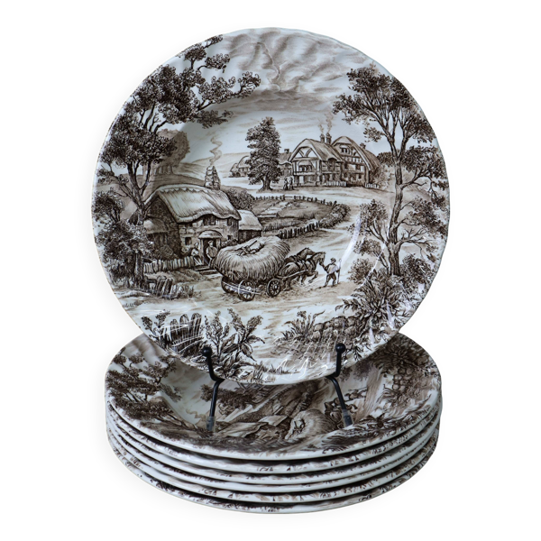 7 assiettes creuses vintage anglaises Staffordshire décor Hayride