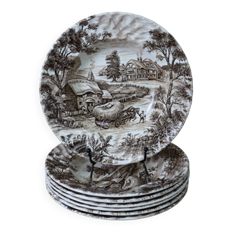 Set of 7 vintage English Staffordshire 'HAYRIDE' soup plates