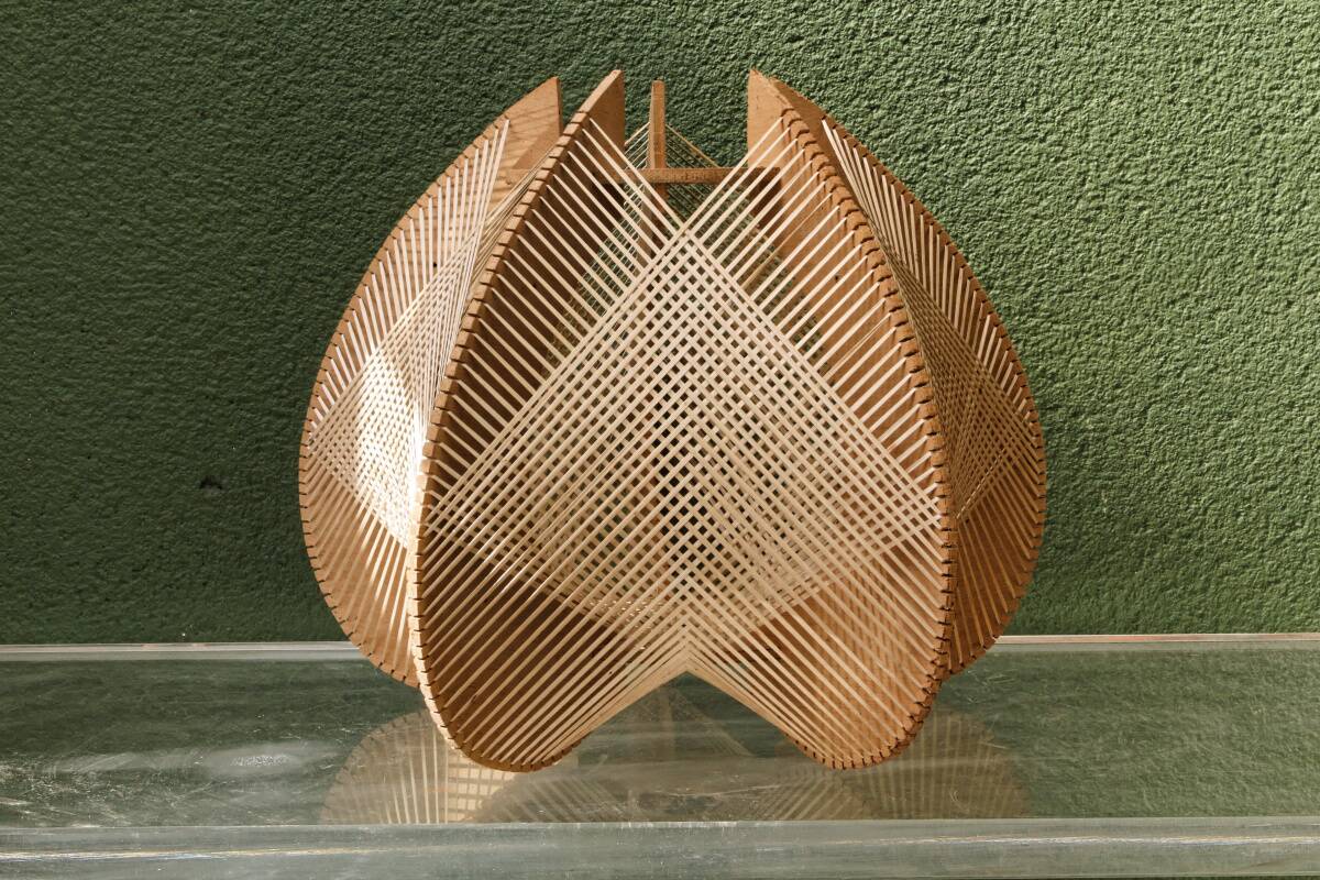 Scandinavian modernist wooden suspension with taut wires, 1960s.