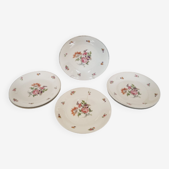 6 Flat French Porcelain Plates with Multicolored Flowers and Golden Edge