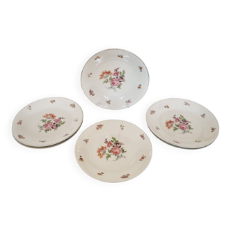 6 Flat French Porcelain Plates with Multicolored Flowers and Golden Edge